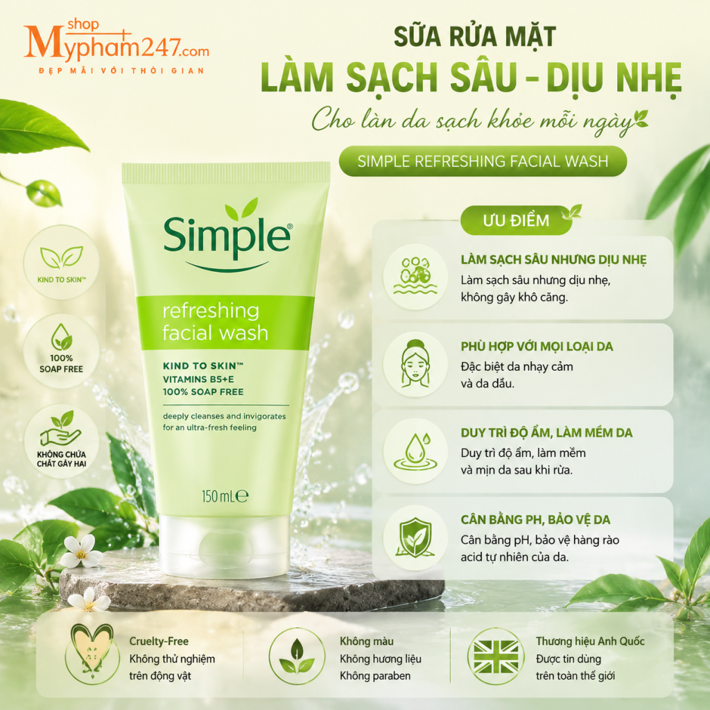 Sữa Rửa Mặt Simple Dạng Gel Kind To Skin Refreshing Facial Wash Gel 150ml4